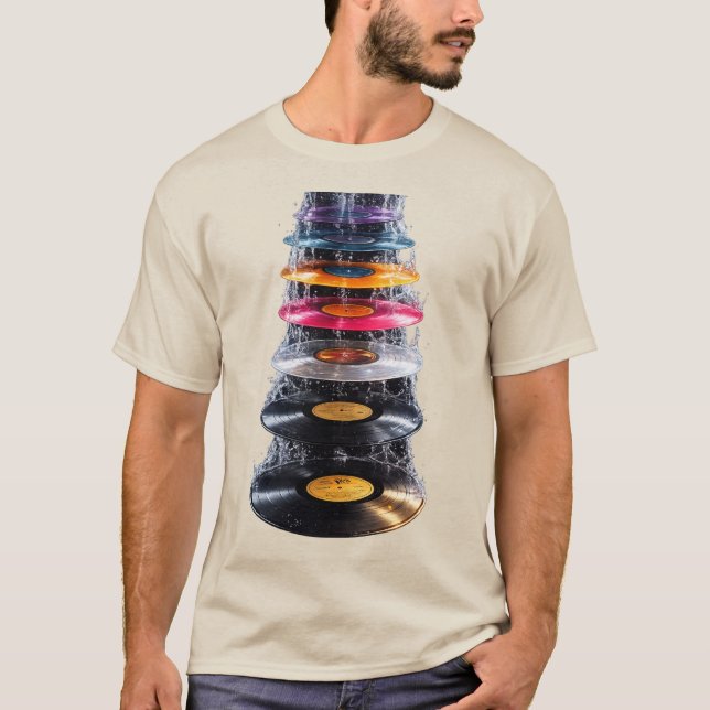 Colourful Vinyl Record Splash Waterfall Art T-Shirt (Front)