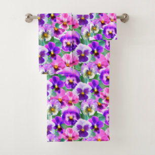 Colourful Violets Pansy Flower Pattern Bath Towel Set