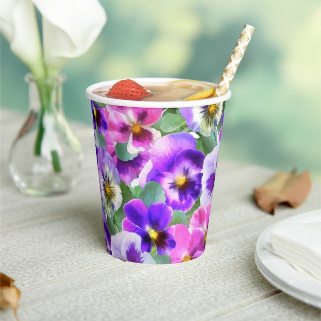 Colourful Violets Pansy Flower Pattern  Paper Cups (Insitu)
