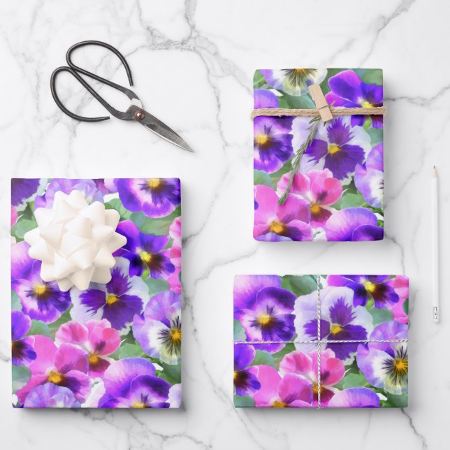 Colourful Violets Pansy Flower Pattern Wrapping Paper Sheet (Front)