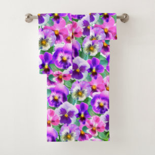 Colourful Violets Pansy Flowers Pattern Bath Towel Set