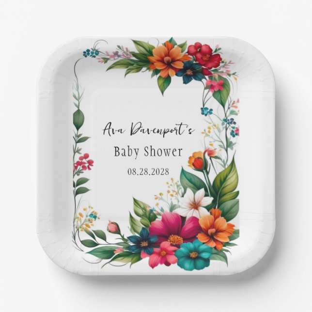 Colourful Vivid Florals Baby In Bloom Shower Paper Plate (Front)
