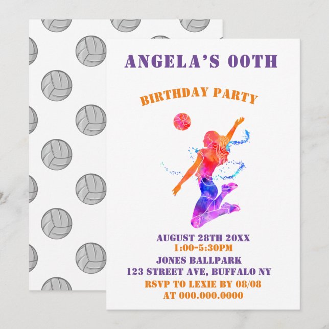 Colourful Volleyball Birthday Party Invites (Front/Back)