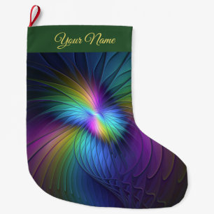Colourful W. Blue Modern Abstract Fractal Art Name Large Christmas Stocking