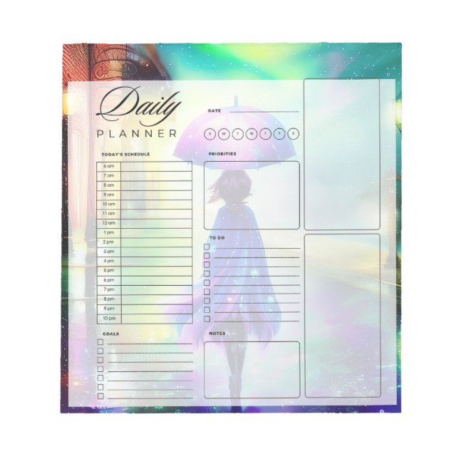 Colourful walk in the rain daily planner sheets notepad (Front)