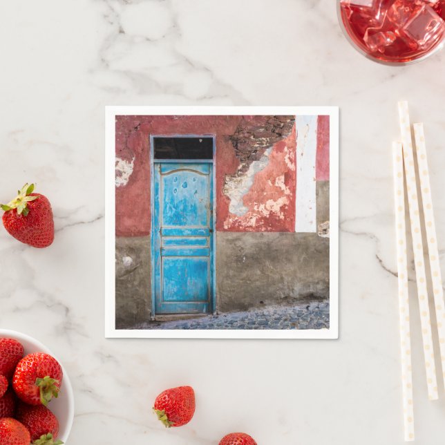Colourful wall with blue door napkin (Insitu)