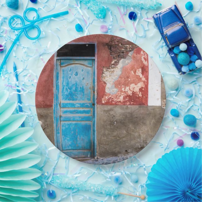Colourful wall with blue door paper plate (Party)
