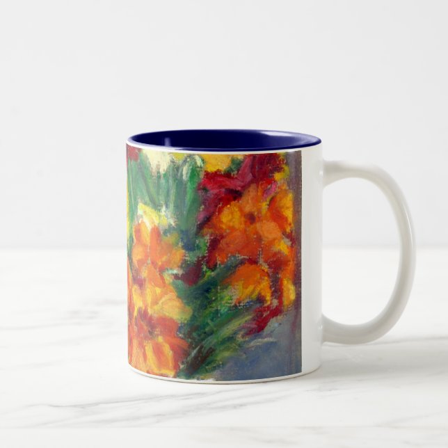 Colourful Wallflowers Hand-painted in Oil Pastels Two-Tone Coffee Mug (Right)
