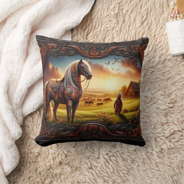 Colourful War Horse in Vibrant Sunset Landscape Cushion (Blanket)