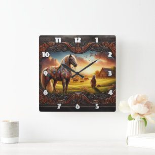Colourful War Horse in Vibrant Sunset Landscape Square Wall Clock