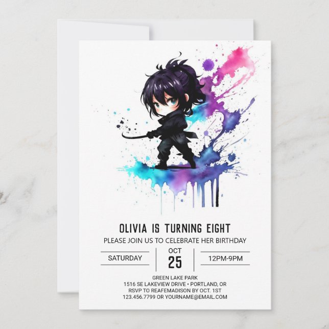 Colourful Warrior Ninja Digital Girl Birthday Invitation (Front)