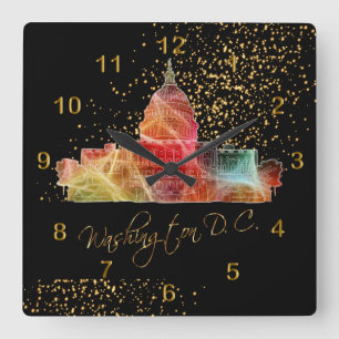 Colourful Washington DC Skyline Square Wall Clock