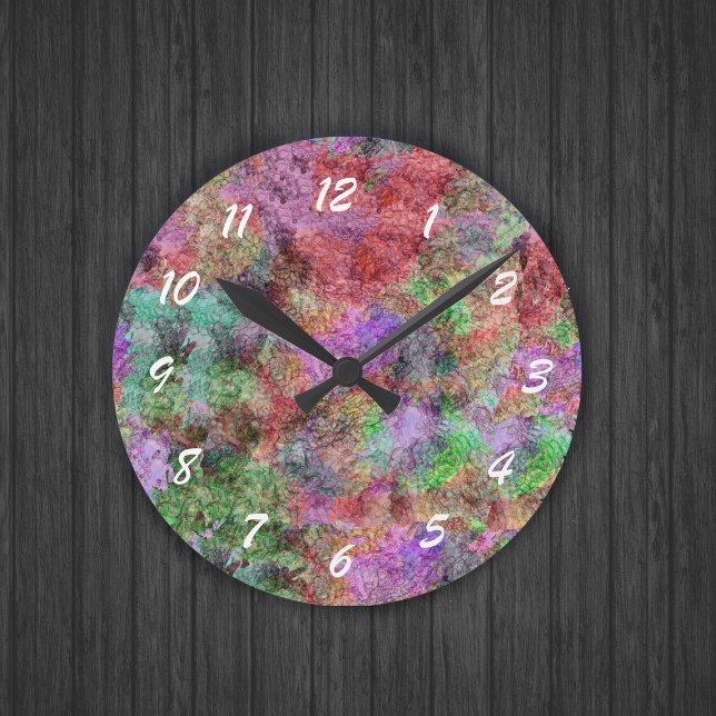 Colourful Water Colour Swirl Mist Round Clock (Abstract design mix of misty pretty colours in pink, green, purple, and yellow on round wall clock.)