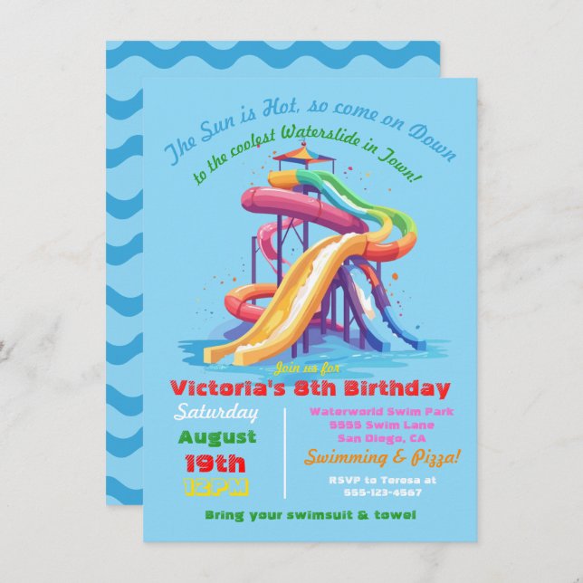 Colourful Water slide Pool birthday party Invitation (Front/Back)