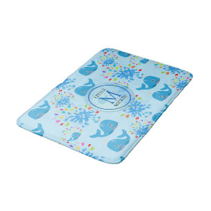 Colourful Water Splash Blue Whale Monogram Pattern Bath Mat
