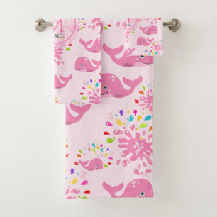 Colourful Water Splash Pink Whale Monogram Pattern Bath Towel Set