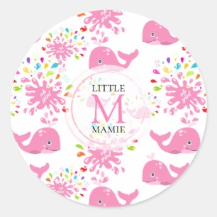 Colourful Water Splash Pink Whale Monogram Pattern Classic Round Sticker