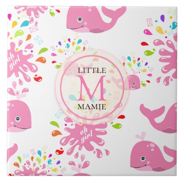 Colourful Water Splash Pink Whale Monogram Pattern Tile (Front)
