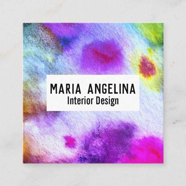 Colourful watercolor abstract art modern purple square business card (Front)
