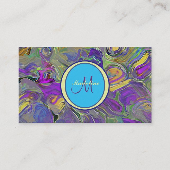 Colourful Watercolor Abstract Pattern Monogram Business Card (Front)