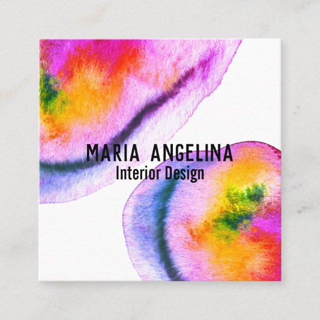 Colourful watercolor abstract swirls purple yellow square business card (Front)