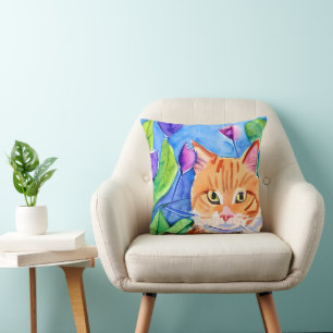 Colourful Watercolor Art Orange Cat and Flowers Cushion