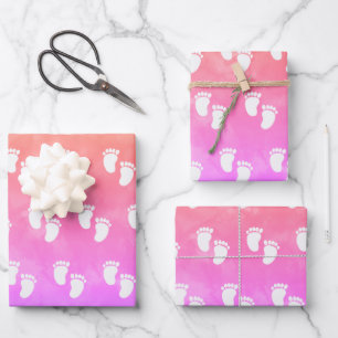Colourful Watercolor Baby Shower Footprint Pattern Wrapping Paper Sheet