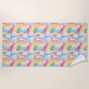 Colourful Watercolor Background with Rainbows Beach Towel