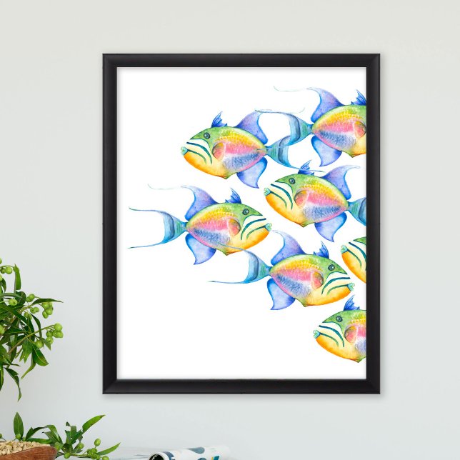 Colourful Watercolor Beach Art Poster (Watercolor tropical fish art custom posters by Victoria Grigaliunas of Do Tell a Belle)