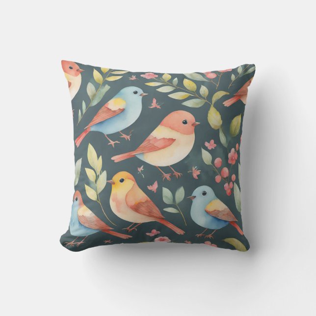 Colourful Watercolor Birds Nature Leaves Cushion (Front)