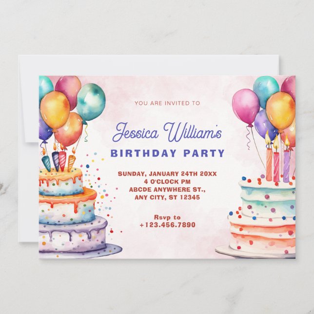 Colourful watercolor birthday cake and balloons invitation (Front)