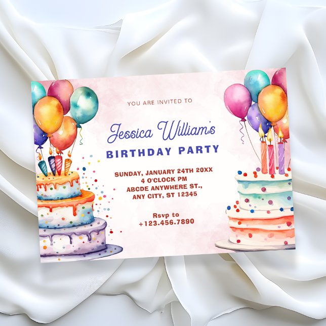 Colourful watercolor birthday cake and balloons invitation (Creator Uploaded)