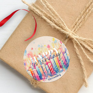 Colourful Watercolor Birthday Candles and Balloons Classic Round Sticker