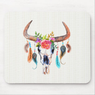 Colourful Watercolor Bison Skull With Horns Mouse Mat