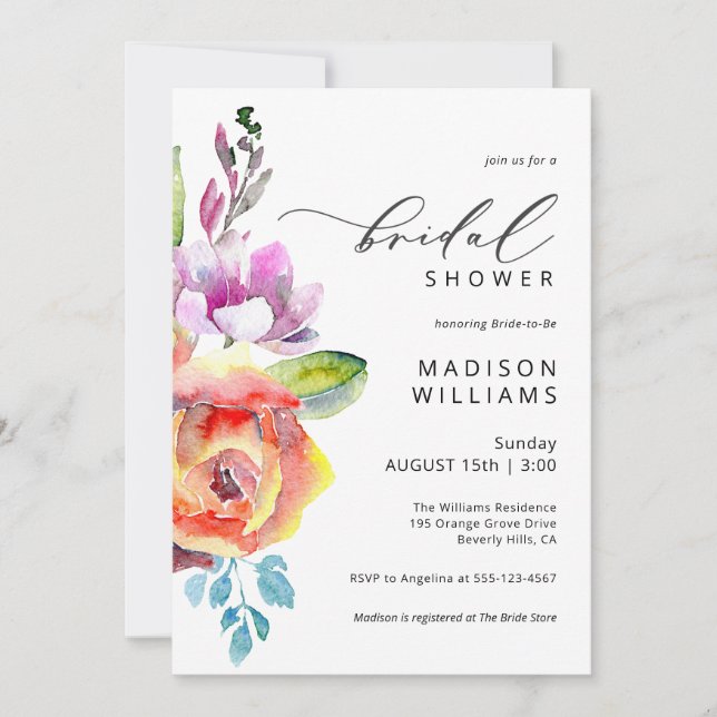 Colourful Watercolor Boho Floral Bridal Shower Invitation (Front)