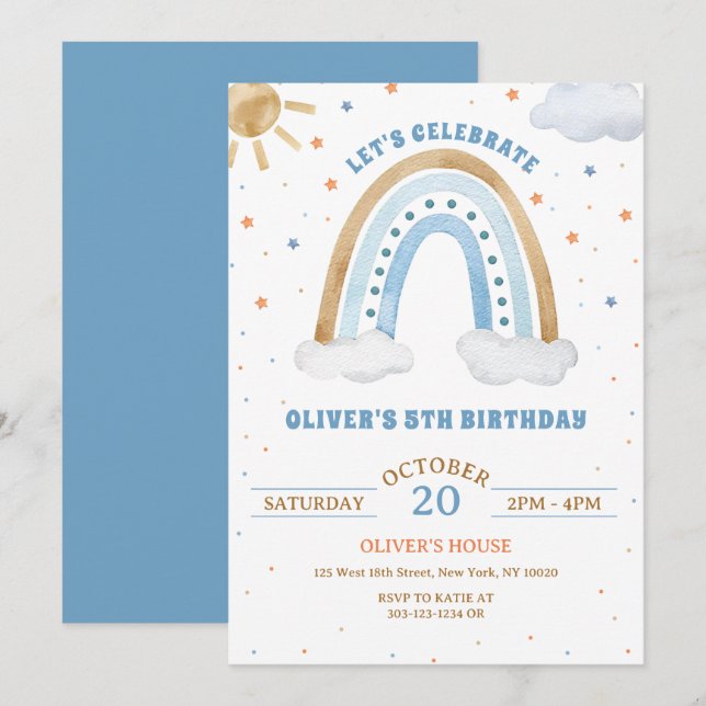 Colourful Watercolor Boho Rainbow Boy Birthday Invitation (Front/Back)