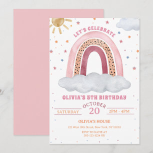 Colourful Watercolor Boho Rainbow Girl Birthday Invitation