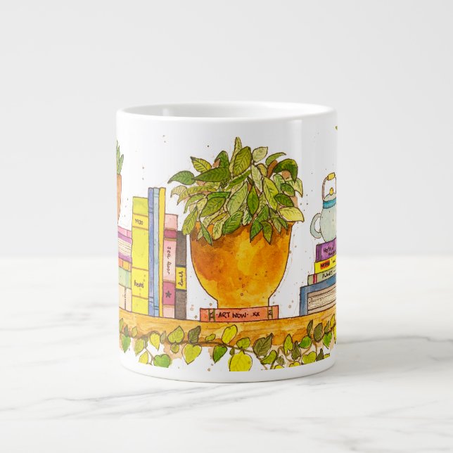Colourful Watercolor Bookshelf Large Coffee Mug (Front)