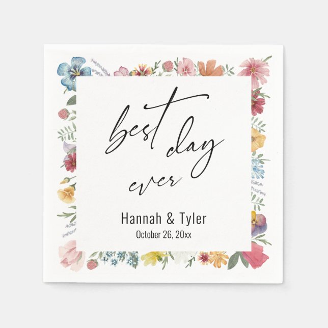 Colourful Watercolor Border of Meadow Wildflowers Napkin (Front)