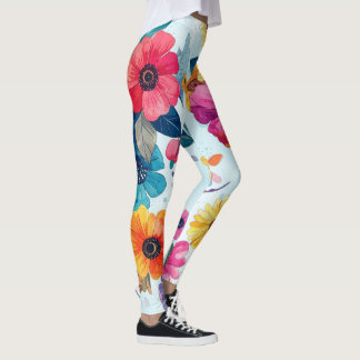 Colourful Watercolor Botanical Floral Leggings