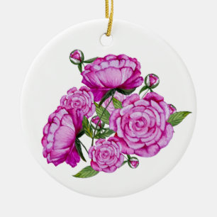 Colourful watercolor bouquet of peonies ceramic tree decoration