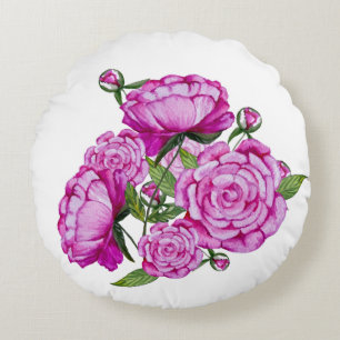 Colourful watercolor bouquet of peonies round cushion