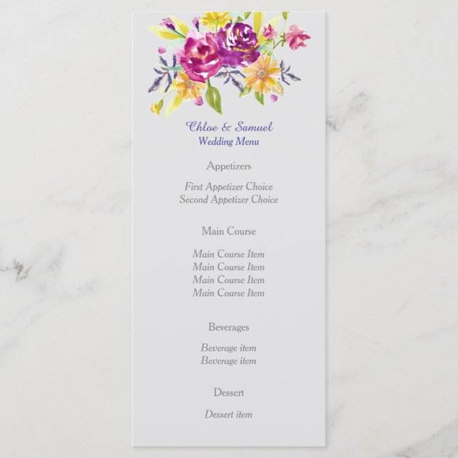 Colourful Watercolor Bouquet Wedding Menu (Front)