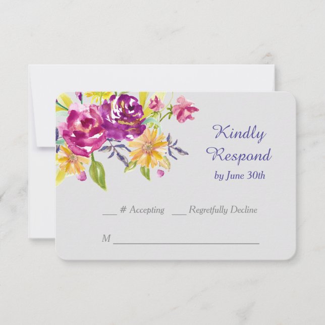 Colourful Watercolor Bouquet Wedding RSVP (Front)
