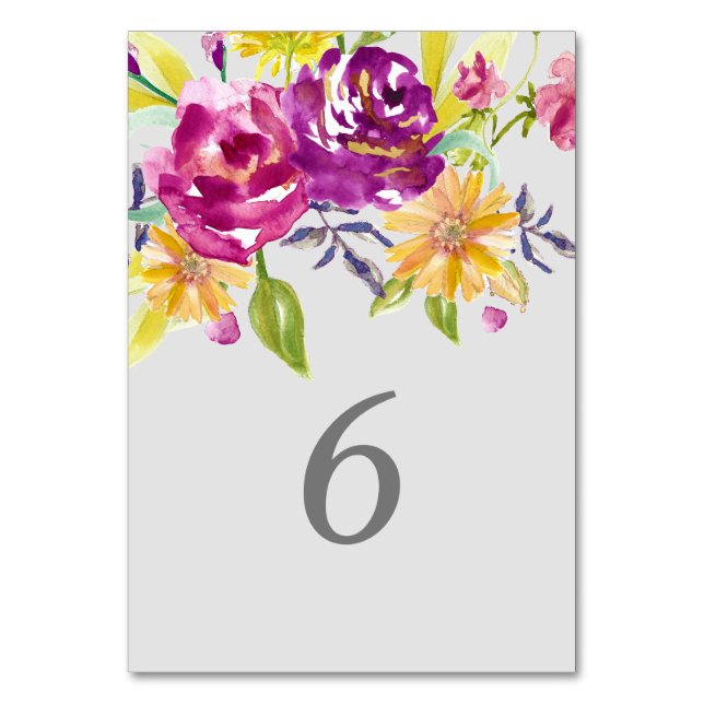 Colourful Watercolor Bouquet Wedding Table Table Number (Front)