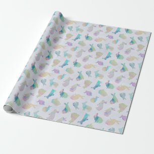 Colourful Watercolor Bunnies Pattern on White Wrapping Paper