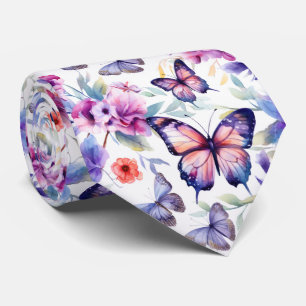 Colourful Watercolor Butterflies Flower Pattern Tie