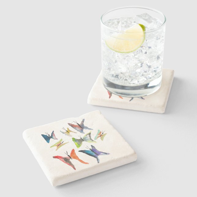 Colourful watercolor butterflies stone coaster (Side)