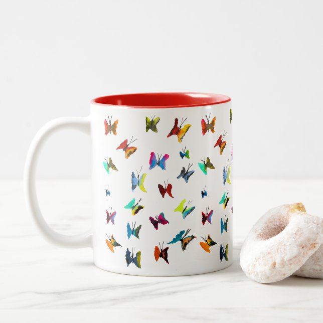 Colourful watercolor butterflies Two-Tone coffee mug (With Donut)