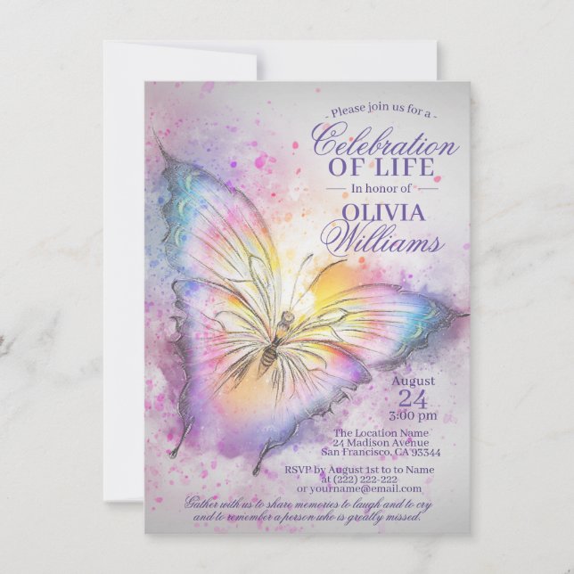 Colourful Watercolor Butterfly Celebration of Life Invitation (Front)